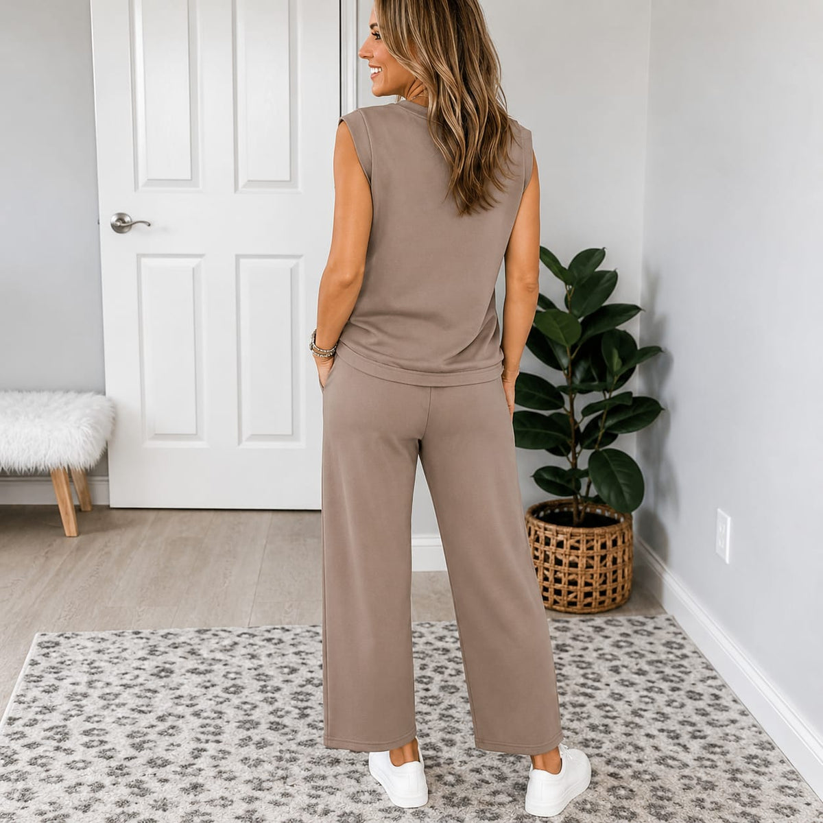 Flora Sleeveless Top and Wide Leg Drawstring Pants Two Piece Lounge Set_3