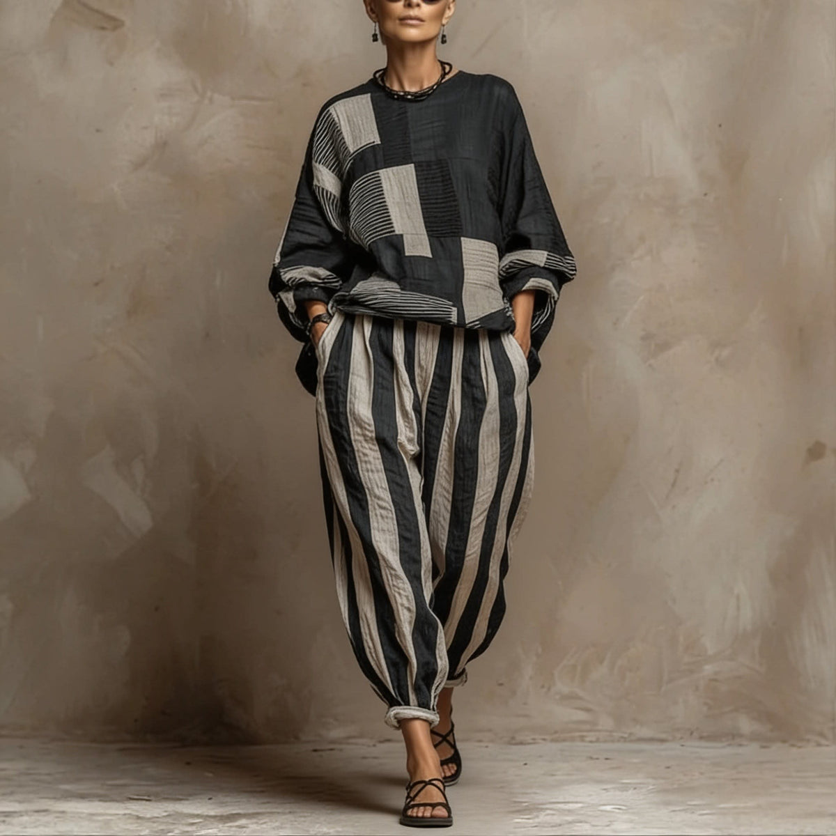 Fern Striped Color Block Oversized Top and Balloon Pants Two Piece Set_10