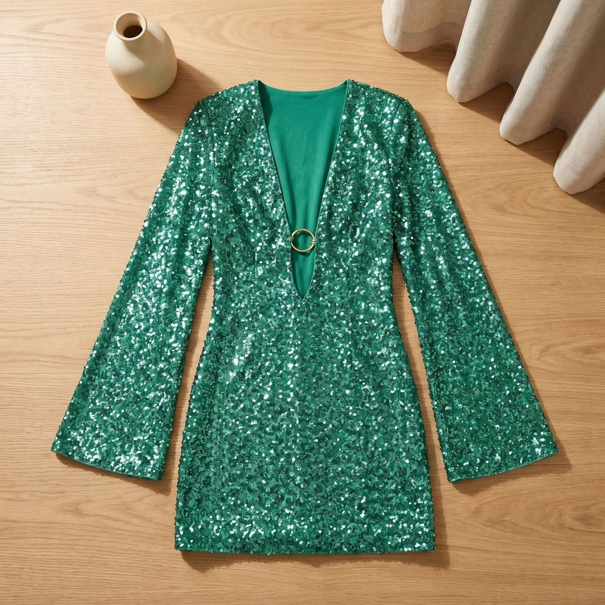 Arielle Plunge Neck Sequin Party Mini Dress_2
