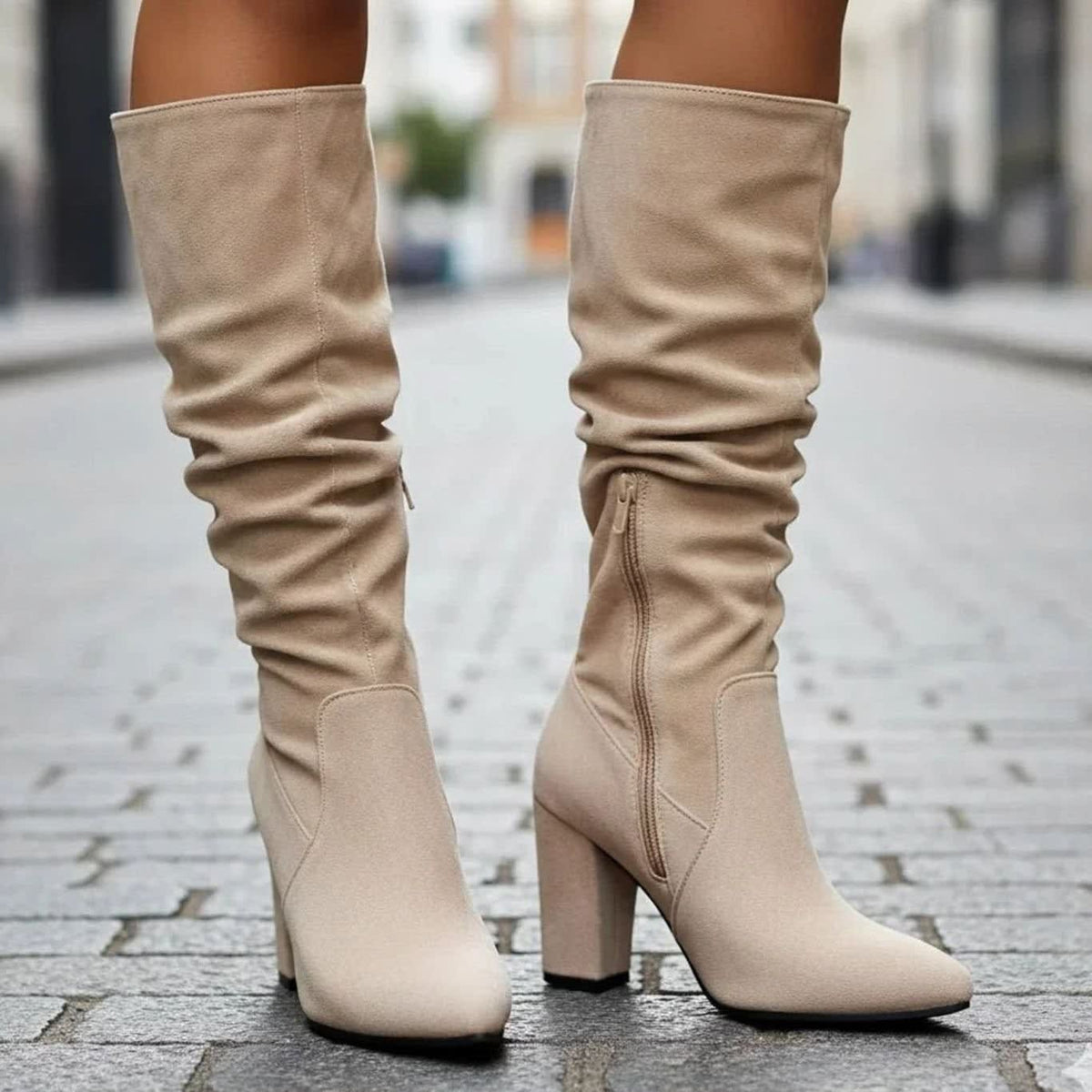 Vanessa Faux Suede Ruched Block Heel Knee High Boots_2
