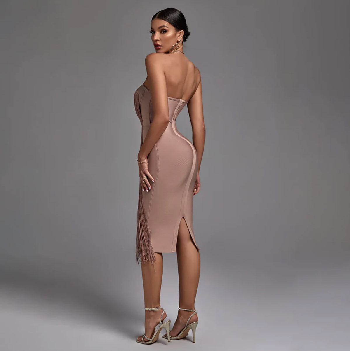 Adeline Bandage Party Midi Dress with Fringe_5