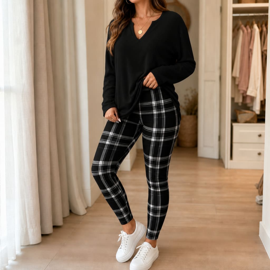 Amara V-Neck Knit Top and Plaid Leggings Two Piece Set_10