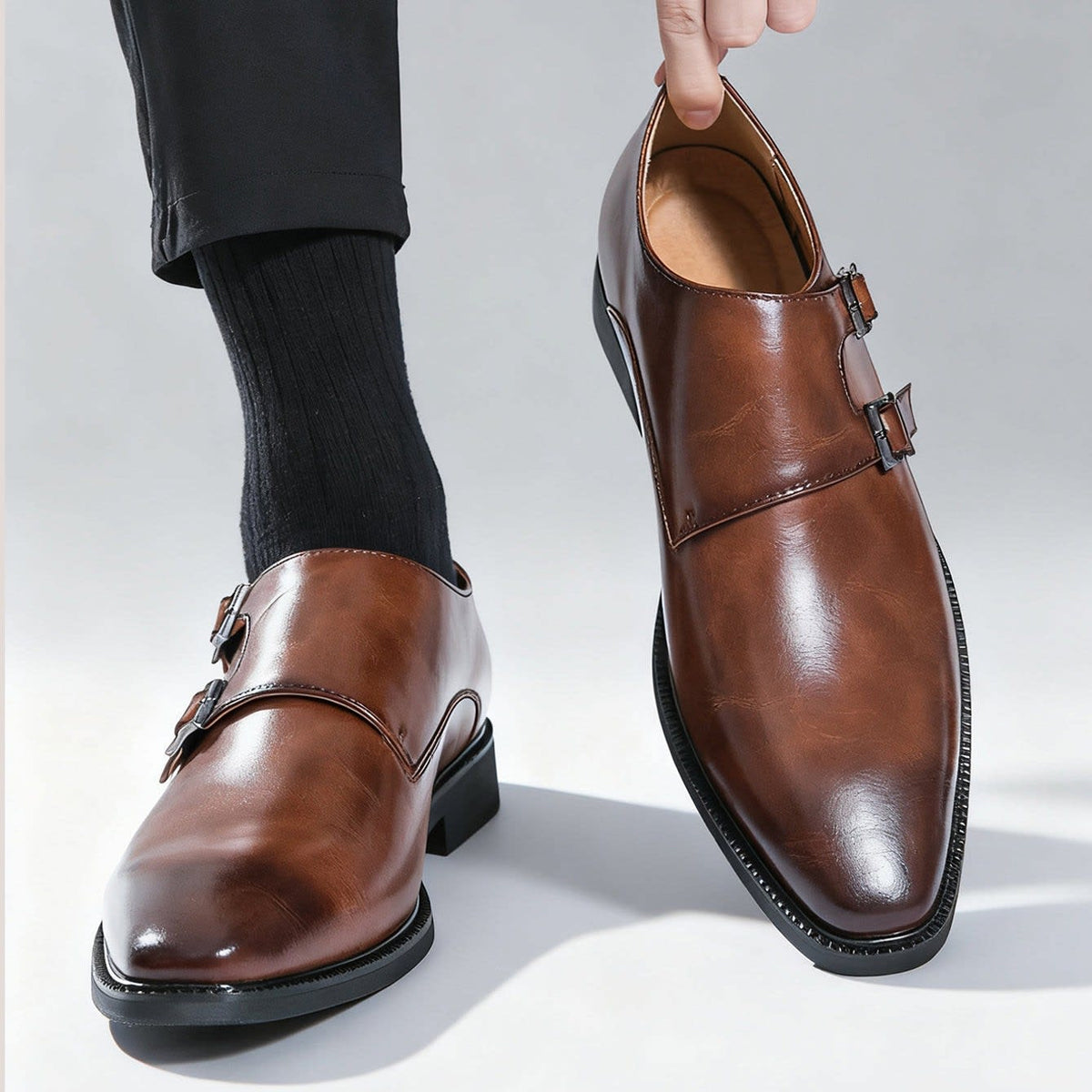 Matthew Leather Plain Toe Double Monk Strap Loafers_4