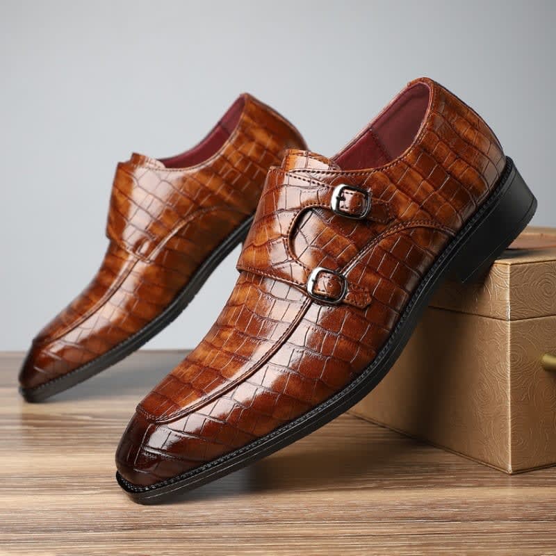 Lloyd Croc Embossed Leather Double Monk Strap Loafers_1