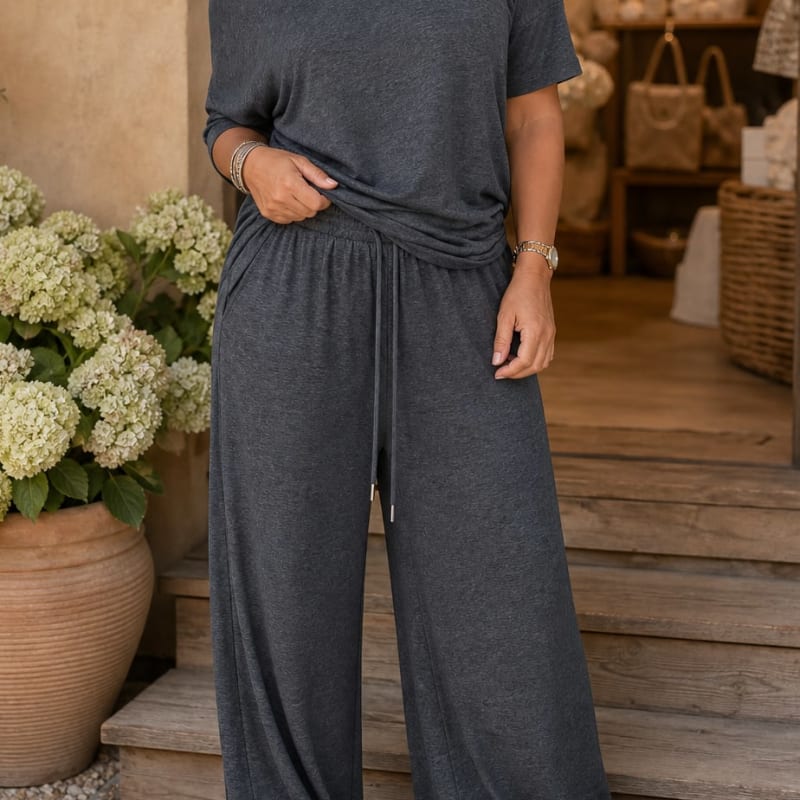 Cordelia Off-Shoulder Short Sleeve Top and Wide Leg Pants Two Piece Set_1