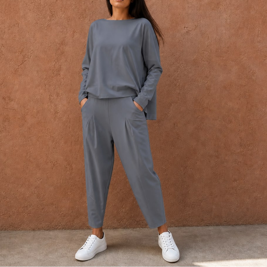 Larissa Boxy Long Sleeve Top and Pleated Pants Two Piece Lounge Set_12